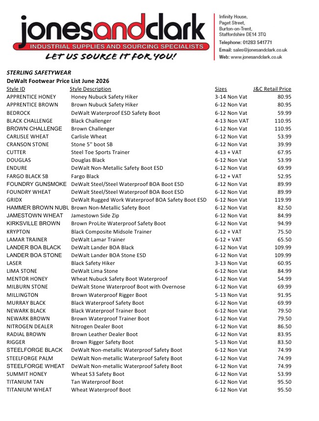 DeWALT Footwear Wall Chart June 2026 Price List